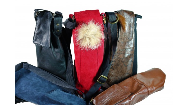Recycled leather and fur wine bag